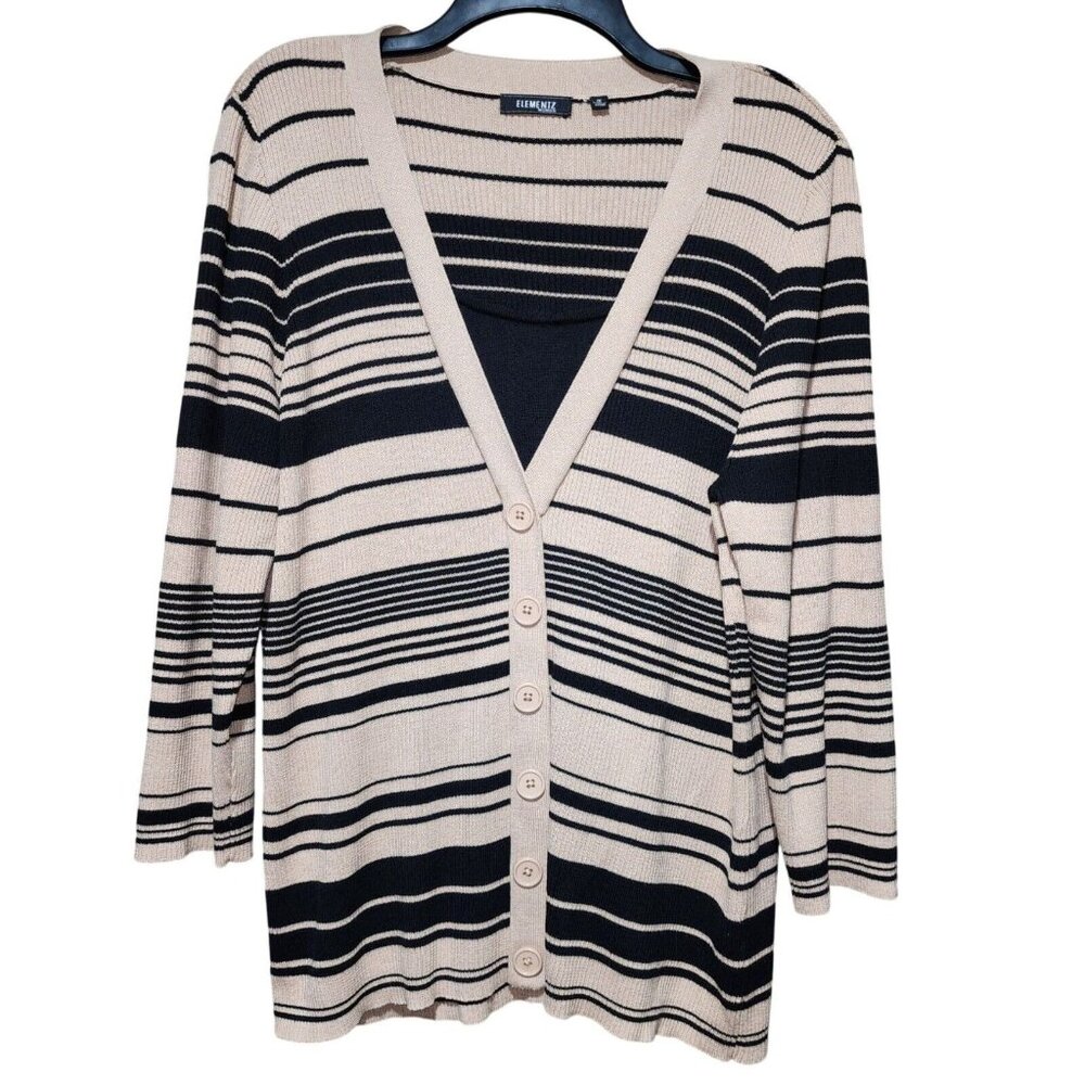 Elementz Womens Striped Pullover Sweater Cotton Blend Black Beige‎ Size 1X
